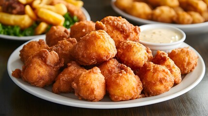 A plate of hush puppies, deep-fried cornmeal dough balls served as a side with fried fish or chicken.


