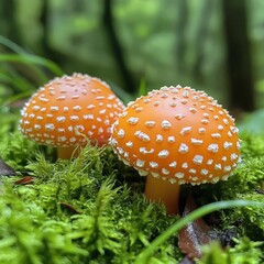 Vibrant orange-capped mushrooms growing in the forest on moss-covered floor