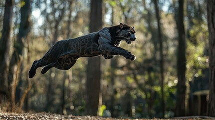 A black panther leaps through the air, its powerful muscles rippling as it soars.