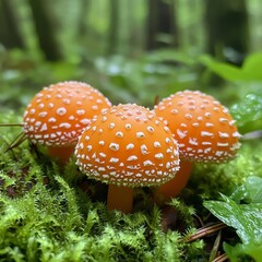 Vibrant orange-capped mushrooms growing in the forest on moss-covered floor