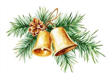 best wishes. Merry Christmas and Happy New Year. watercolor christmas card with golden text box for message on white background, golden decoration, winter forest elements with holly leaves