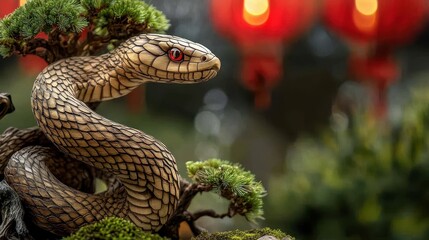 Fototapeta premium A detailed view of a wooden snake entwined in a bonsai tree, softly lit with red lanterns above