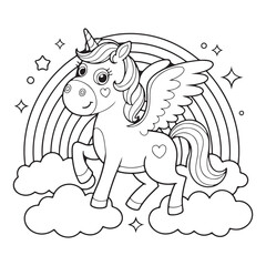 Cute Line Art with Unicorn, Mermaid Cat, Narwhal, and Rainbow