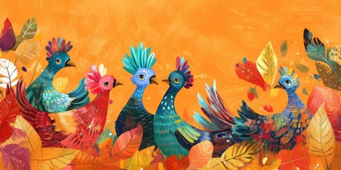 Obraz premium This colorful Thanksgiving picture shows cute turkeys with bright feathers. Autumn leaves are scattered on a warm orange background, perfect for celebrating the holiday.