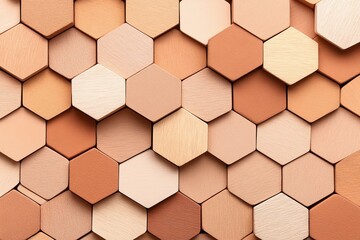 A textured arrangement of hexagonal wooden tiles in various shades of brown and cream, creating a visually appealing pattern.