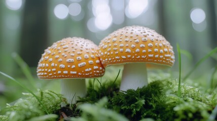 Vibrant orange-capped mushrooms growing in the forest on moss-covered floor