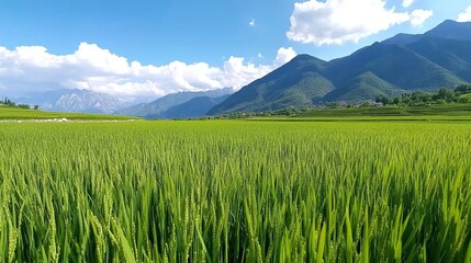 Obraz premium Lush green rice field under a clear blue sky with distant mountains, showcasing the beauty of nature and agriculture.
