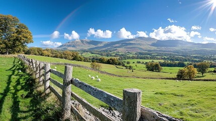 Fototapeta premium A picturesque landscape featuring rolling hills, a wooden fence, and vibrant greenery under a clear blue sky dotted with fluffy clouds.