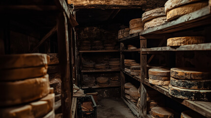 Obraz premium dimly lit cheese aging room with stacks of cheese wheels on rustic wooden racks