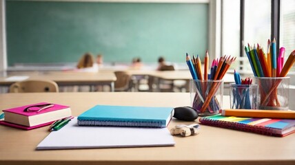 School accessories on a table, student supplies on table, back to school concept, Generative AI