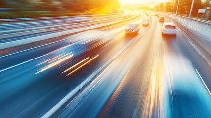 Driving on the expressway at sunset, motion blur