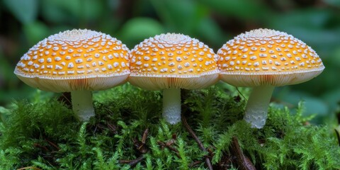 Fototapeta premium Vibrant orange-capped mushrooms growing in the forest on moss-covered floor