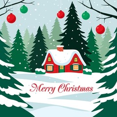 Fototapeta premium christmas card with christmas house and forest 