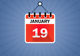 January 19, Calendar hanging sign. 19th days of the month, modern illustration. Date day of week Sunday, Monday, Tuesday, Wednesday, Thursday, Friday, Saturday. Flat style