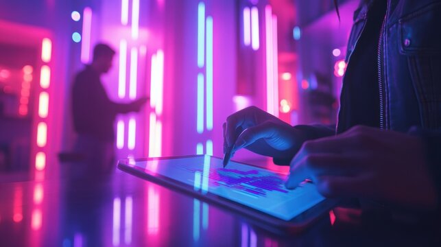 A digital marketer working on a tablet displaying colorful sales metrics, subject in focus, background of colleagues brainstorming is blurred, online sales, depth of field - Powered by Adobe