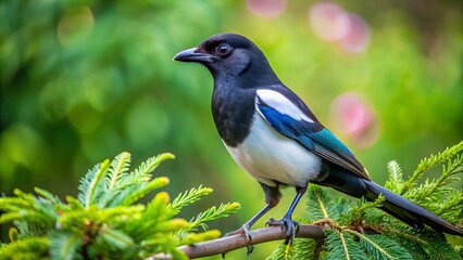 Fototapeta premium A Closeup of a Eurasian Magpie Bird Perched on a Tree Branch Against a Soft Focus Background, Capturing the Beauty of Nature and Birdwatching in a Serene Environment