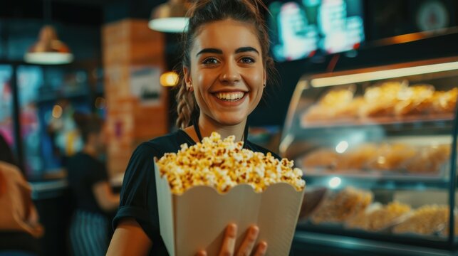 A cheerful young woman serves delicious popcorn at a bustling movie theater during a lively evening