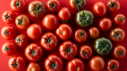 Fresh and ripe red tomatoes on red background, Raw organic ripe red fresh tomatoes, Juicy ripe tomatoes on red background