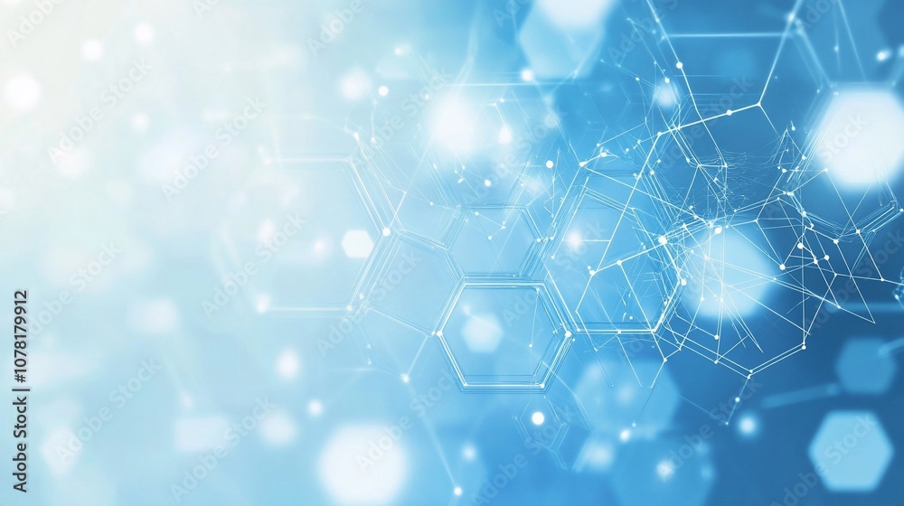 Poster Abstract blue background with hexagonal pattern and white bokeh.