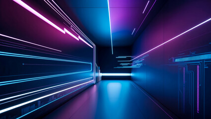 Futuristic digital technology interface with lines and glowing neon lights, Abstract futuristic technology neon corridor background
