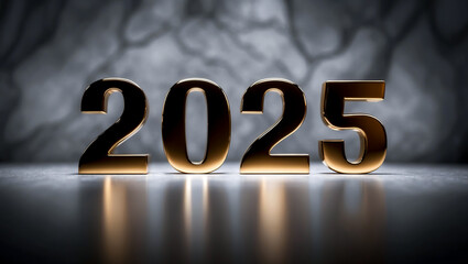 Golden 3D metallic year 2025 isolated on a dark abstract background, 3D rendering of year 2025,...