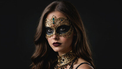 Fototapeta premium A woman wearing a gold masquerade mask looks intensely at the camera