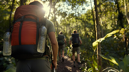  Grupo de amigos caminando por un sendero en el bosque con mochilas al amanecer.