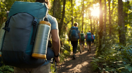 Grupo de personas haciendo senderismo en un bosque denso con mochilas, iluminados por la luz del sol al amanecer.