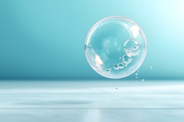 Floating Soap Bubble with Delicate Surface Reflections and Surrounding Small Air Bubbles Against a Soft Blue Background for Clean and Fresh Imagery