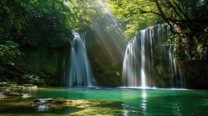 Obraz premium Serene Waterfall Surrounded by Lush Greenery