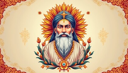 Guru Nanak Jayanti greeting card design with intricate symbols and spiritual themes for festive cheer
