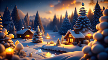 Magical winter scene with cozy cabins, snowfall, and glowing lights at twilight
