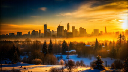 Naklejka premium Stunning city skyline at sunset with frosted trees and misty valley below