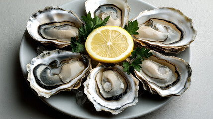 Plate of fresh oysters served on ice with lemon slice and parsley garnish on a light background
