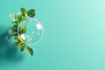Clear Bubble Surrounded by Green Leaves with Bubbles Floating in Serenity, Representing Nature’s Harmony and Pure Air in a Bright Aqua Background