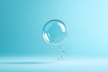 Transparent soap bubble floating gracefully against a soft pastel blue background, capturing light reflections and tiny droplets of water for a serene and calming atmosphere.