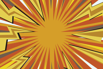 Pop art radial colorful comics book magazine cover. Striped color digital background with thunder flash. Cartoon funny retro pattern strip mock up. Vector halftone illustration. Sunburst shape