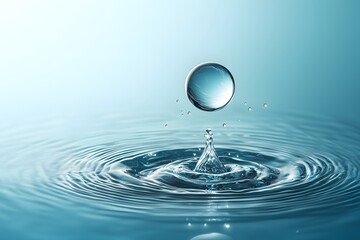 Beautiful Close-Up of Water Droplet Creating Ripples on Calm Surface with Elegant Blue Background Capturing the Essence of Purity and Tranquility in Nature