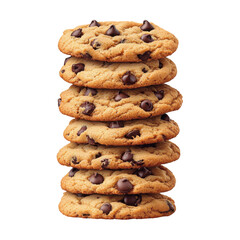 A stack of delicious chocolate chip cookies, each one perfectly baked with a golden hue and dotted with rich chocolate morsels. Transparent background.