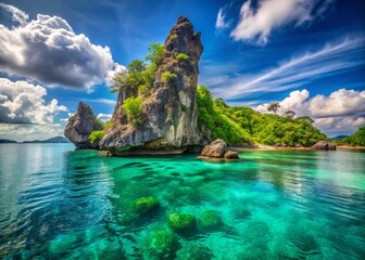 Fototapeta premium Labuan Bajo's Eagle Rock: Indonesian seascape, stunning.