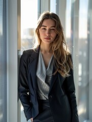 Beautiful commercial photo of business woman consultant, trustfull bright office, professional photography and color correction, blue office uniform