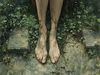 Close-up of Bare Feet on Grass and Ground