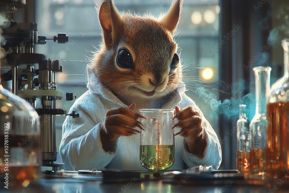 Aufkleber a cute squirrel wearing a lab coat and holding a beaker with green liquid in a laboratory setting.