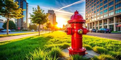 Aerial View of a Vibrant Red Fire Hydrant with Red Handle and Top Surrounded by Urban Landscape and Green Grass in a Bright Sunlit Environment