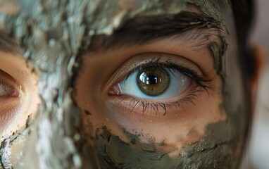 Closeup of an eye, half face cut, young female model with green facial clay mask on her face. Skin care, treatment, inner glow, spa, wellness, fashion, natural beauty, cosmetology concept