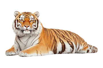 Fototapeta premium A majestic tiger lounges comfortably, showcasing its striking orange coat and distinctive black stripes. Transparent background.