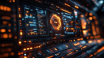 Obraz premium Futuristic control panel with glowing interfaces and data displays.
