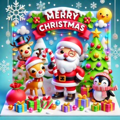 Christmas illustration set with Santa Claus, gifts, snowman, and winter trees for holiday cards, Christmas cards, Christmas cards, cute 3D Christmas card