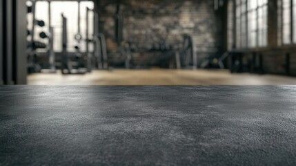Dark Grey Concrete Table Top Blurred Gym Background Fitness Studio