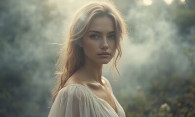 Ethereal young woman in misty woods